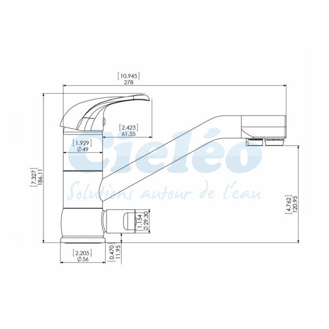 Dimensions robinet 3 voies classique chrom