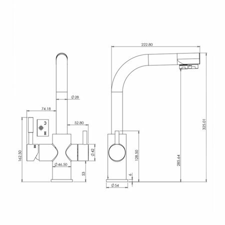 Dimensions robinet 3 voies 90 chrom