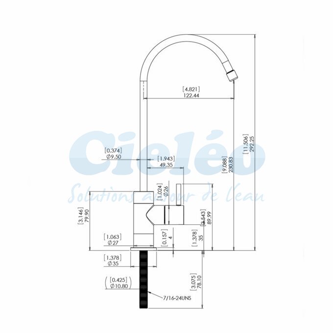 Dimensions du robinet de l'osmoseur Excel II