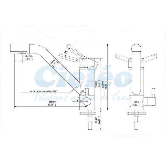Dimensions robinet 3 voies Gliano BR307
