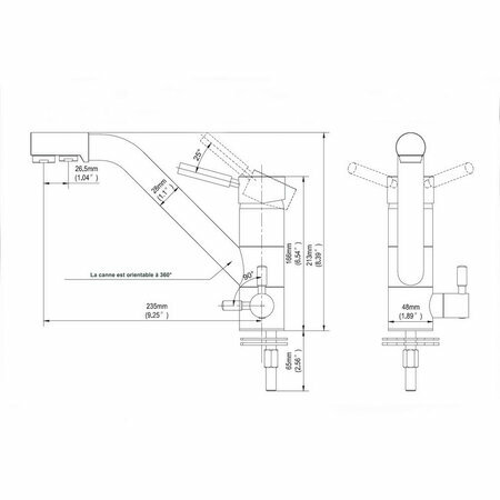 Dimensions robinet 3 voies Gliano BR307