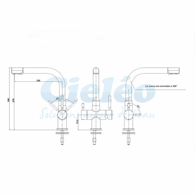 Dimensions robinet 3 voies Gliano BR302