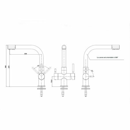 Dimensions robinet 3 voies Gliano BR302