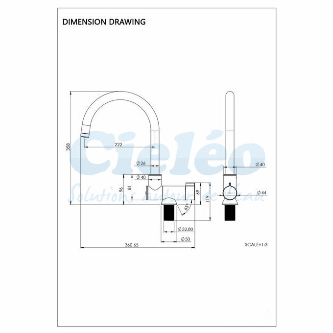 Dimensions mitigeur 3 voies rabattable