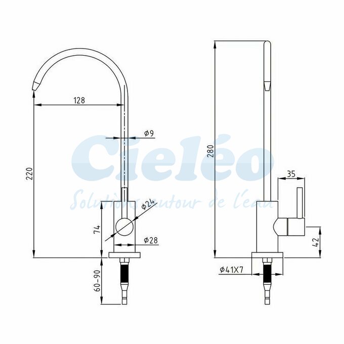 Dimensions Robinet longue porte Inox