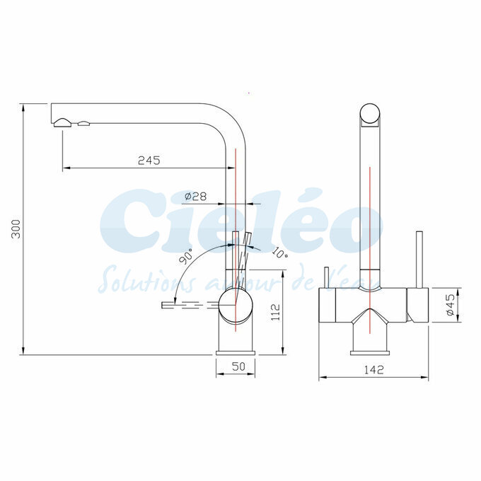 Dimensions robinet 3 voies 90 Inox 304